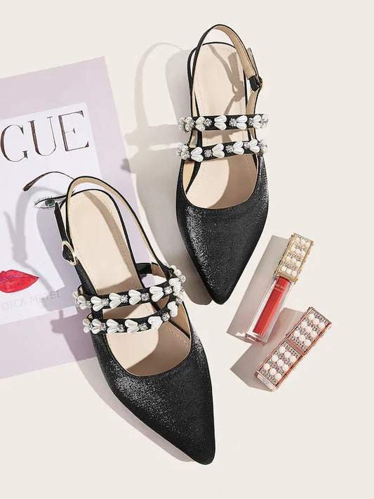 CM-SHS827105 Women Elegant Seoul Style Point Toe Faux Pearl Decor Slingback Flats - Black