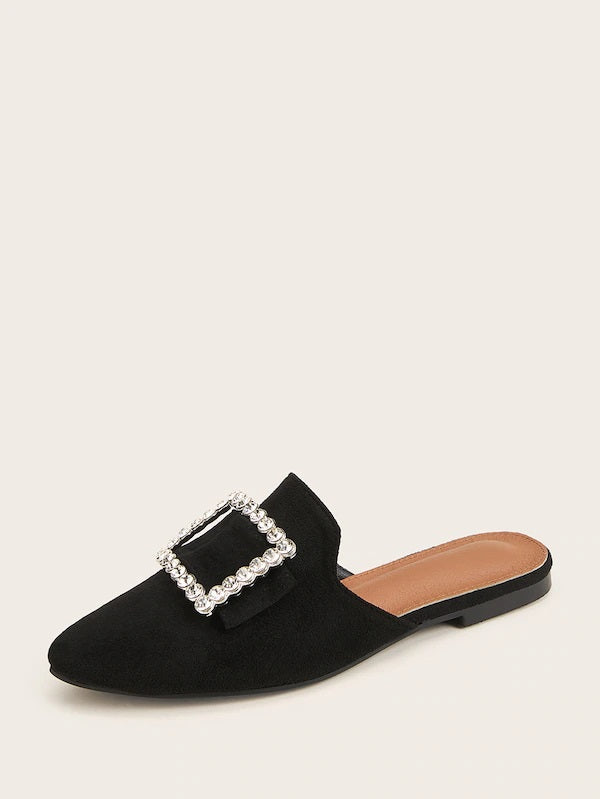 CM-SHS827169 Women Elegant Seoul Style Rhinestone Decor Point Toe Flat Mules - Black