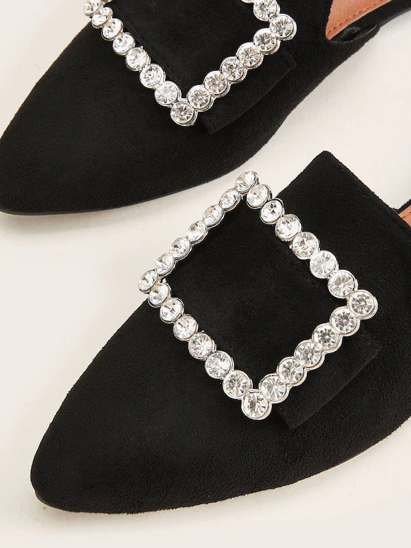 CM-SHS827169 Women Elegant Seoul Style Rhinestone Decor Point Toe Flat Mules - Black