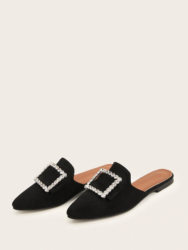 CM-SHS827169 Women Elegant Seoul Style Rhinestone Decor Point Toe Flat Mules - Black