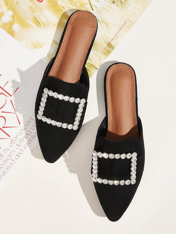 CM-SHS827169 Women Elegant Seoul Style Rhinestone Decor Point Toe Flat Mules - Black