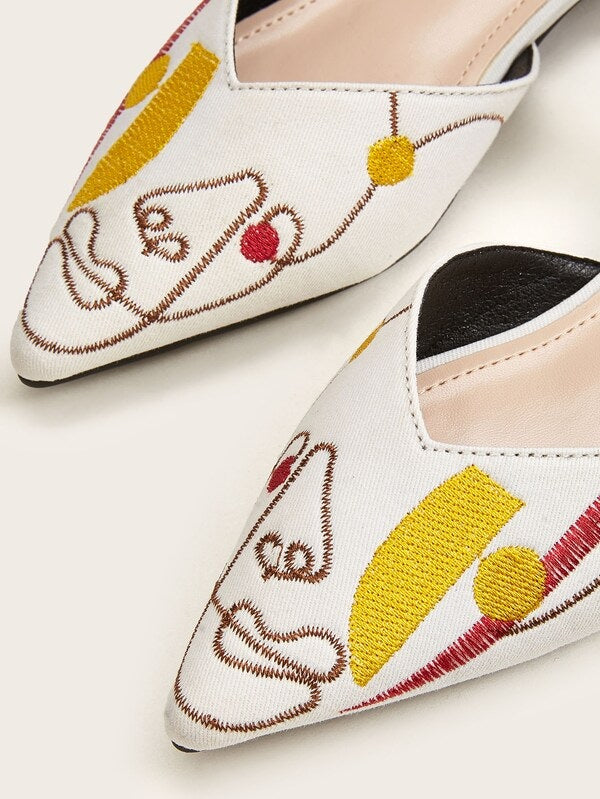 CM-SHS827468 Women Elegant Seoul Style Point Toe Embroidered Slingback Flats - White