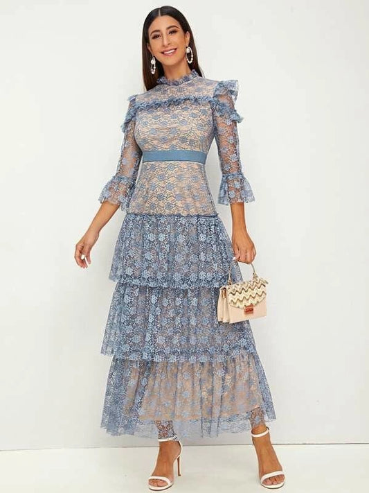 CM-DS806683 Women Elegant Seoul Style Ruffle Trim Tiered Layered Hem Lace Dress - Blue