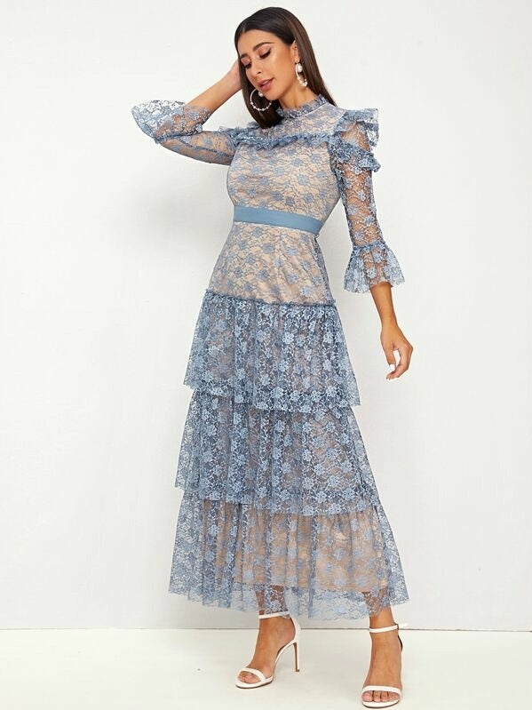 CM-DS806683 Women Elegant Seoul Style Ruffle Trim Tiered Layered Hem Lace Dress - Blue