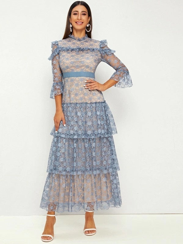 CM-DS806683 Women Elegant Seoul Style Ruffle Trim Tiered Layered Hem Lace Dress - Blue