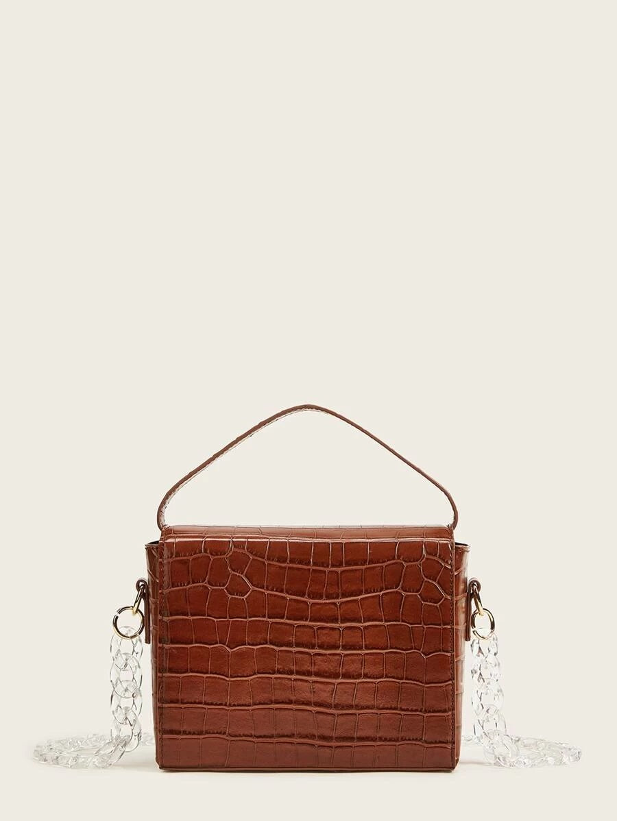 CM-BGS828999 Women Trendy Seoul Style Croc Embossed Satchel Chain Bag - Brown