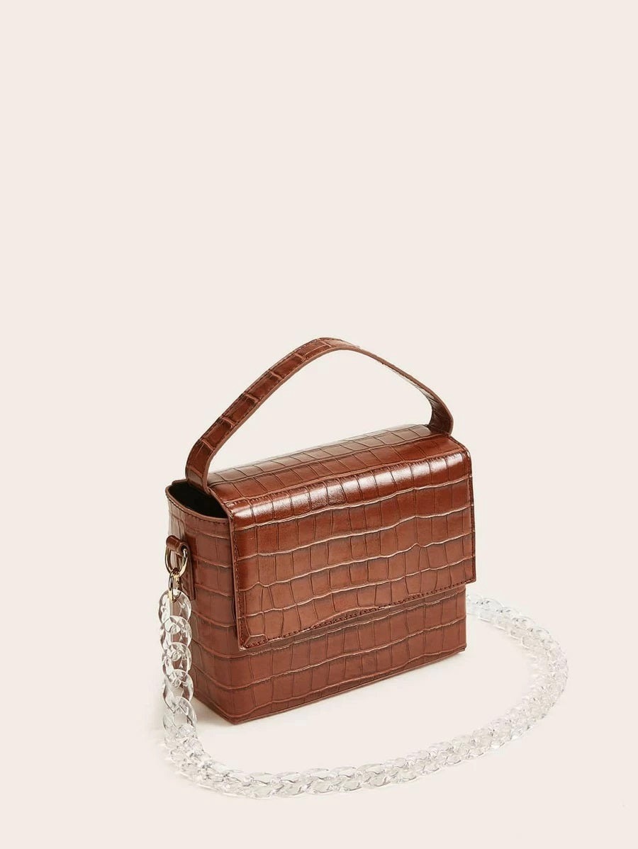 CM-BGS828999 Women Trendy Seoul Style Croc Embossed Satchel Chain Bag - Brown