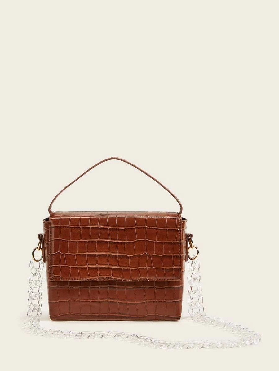 CM-BGS828999 Women Trendy Seoul Style Croc Embossed Satchel Chain Bag - Brown