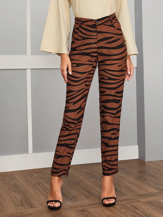 CM-BS823164 Women Casual Seoul Style High Waist Zebra Striped Button Front Pants - Brown