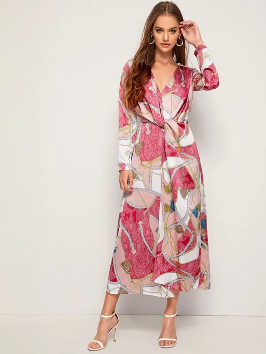 CM-DS809239 Women Casual Seoul Style Chain Print Zip Back Twist Front Satin Dress