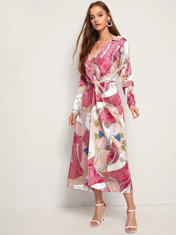CM-DS809239 Women Casual Seoul Style Chain Print Zip Back Twist Front Satin Dress