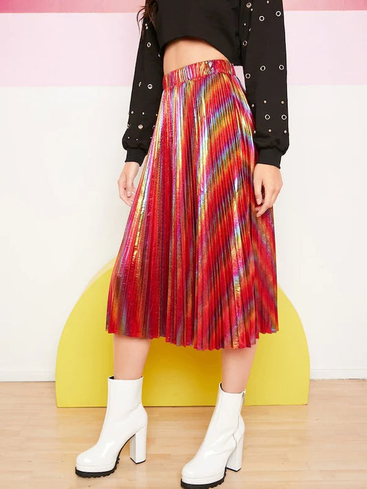 CM-BS723386 Women Elegant Seoul Style Mid Waist Rainbow Metallic Pleated Skirt