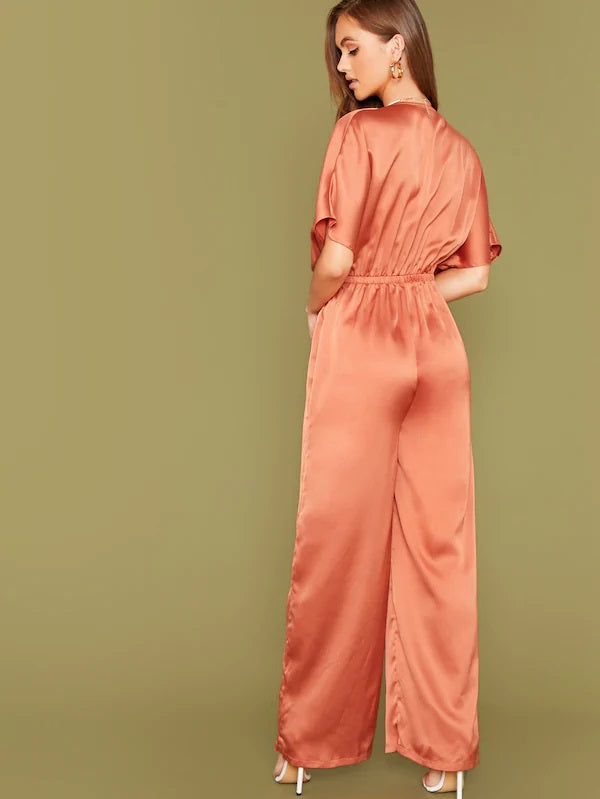 CM-JS819641 Women Elegant Seoul Style Plunge Neck Tie Front Wide Leg Satin Jumpsuit - Orange