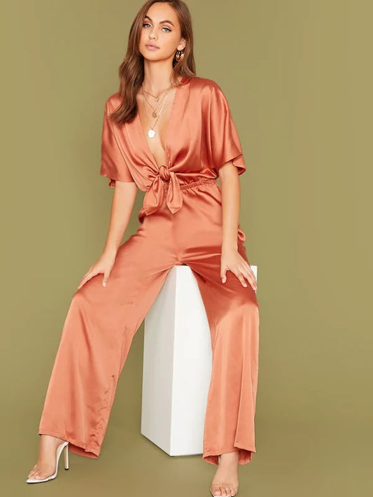 CM-JS819641 Women Elegant Seoul Style Plunge Neck Tie Front Wide Leg Satin Jumpsuit - Orange