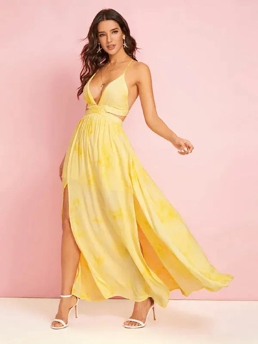 CM-DS829846 Women Elegant Seoul Style Plunging Neck Lace-Up Open Back High Split Dress - Yellow