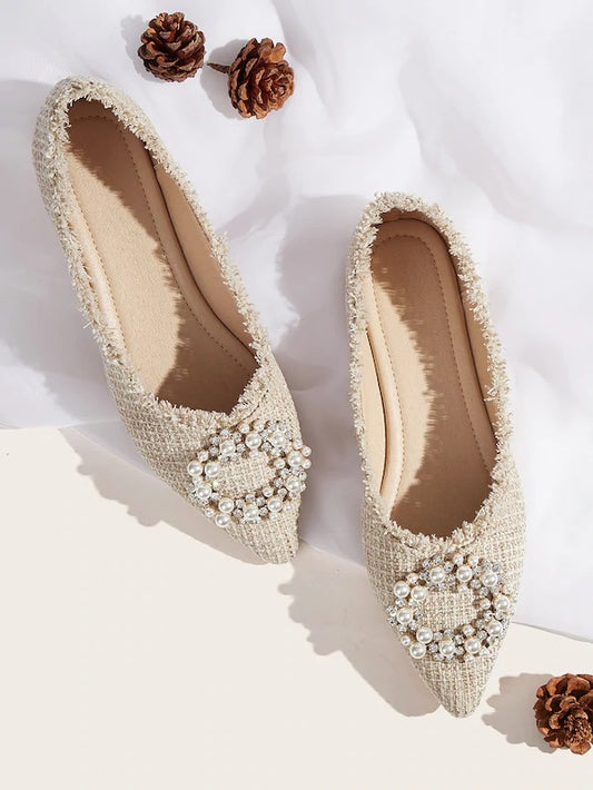CM-SHS829365 Women Elegant Seoul Style Point Toe Faux Pearl Decor Flats - Beige