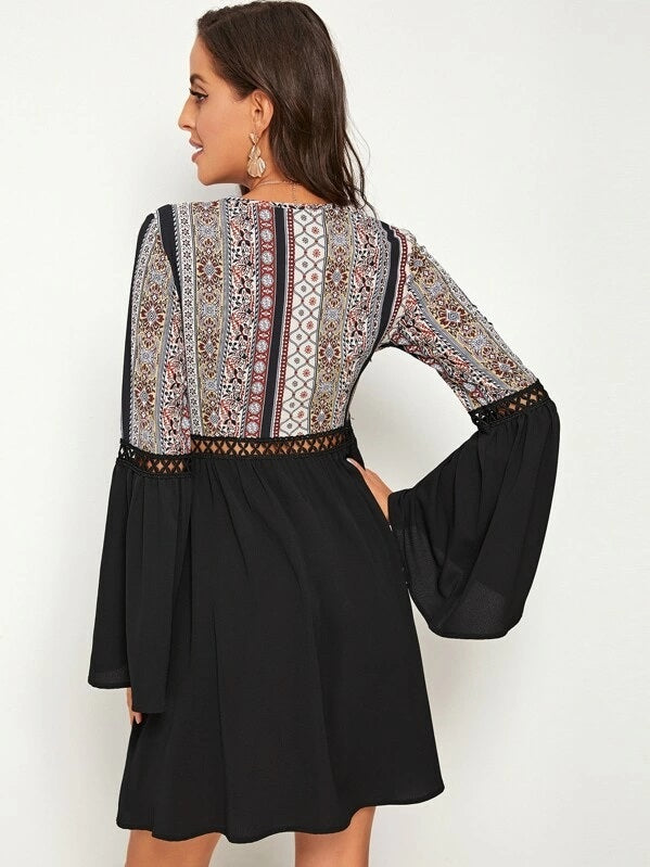 CM-DS822822 Women Trendy Seoul Style Plunge Neck Guipure Lace Insert Tribal Print Dress - Black