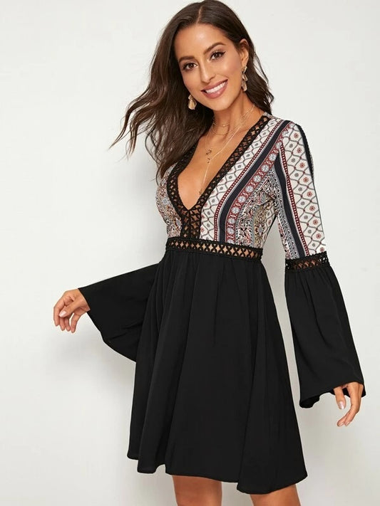 CM-DS822822 Women Trendy Seoul Style Plunge Neck Guipure Lace Insert Tribal Print Dress - Black
