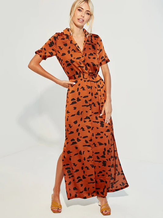 CM-DS731332 Women Casual Seoul Style Short Sleeve Print Slit Side Belted Satin Dress - Orange