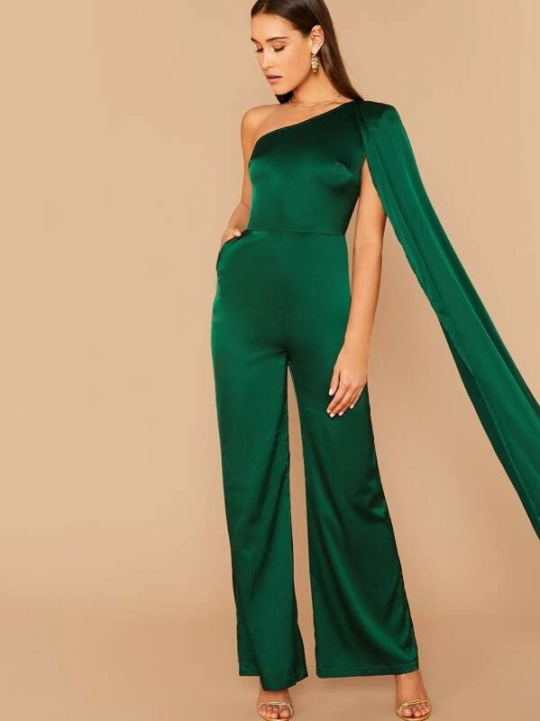 CM-JS807974 Women Elegant Seoul Style One Shoulder Cloak Sleeve Palazzo Satin Jumpsuit - Green