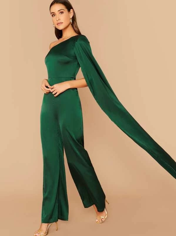 CM-JS807974 Women Elegant Seoul Style One Shoulder Cloak Sleeve Palazzo Satin Jumpsuit - Green
