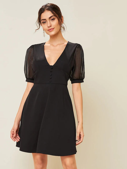 CM-DS816997 Women Elegant Seoul Style V-Neck Button Front Sheer Sleeve Mini Dress - Black