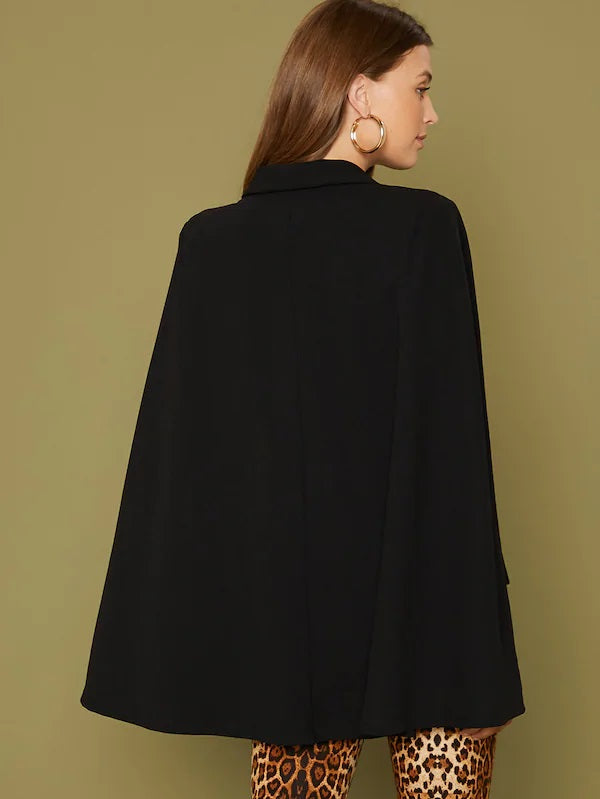 CM-CS809828 Women Elegant Seoul Style Shawl Collar O-Ring Belted Cape Blazer - Black