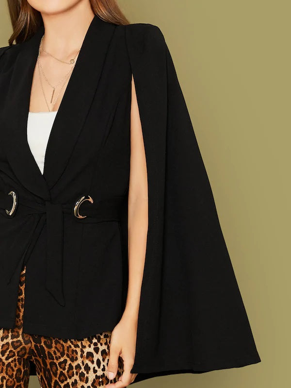 CM-CS809828 Women Elegant Seoul Style Shawl Collar O-Ring Belted Cape Blazer - Black