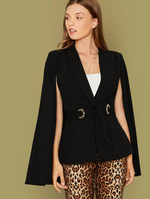 CM-CS809828 Women Elegant Seoul Style Shawl Collar O-Ring Belted Cape Blazer - Black