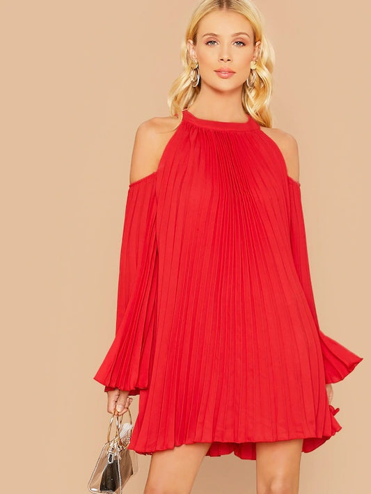 CM-DS813280 Women Elegant Seoul Style Cold Shoulder Long Sleeve Pleated Swing Dress - Red
