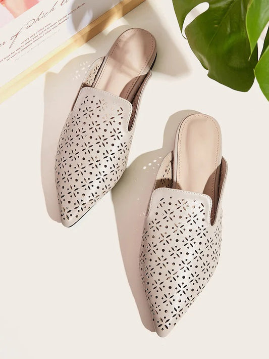 CM-SHS903401 Women Casual Seoul Style Point Toe Hollow Out Flat Mules - Beige