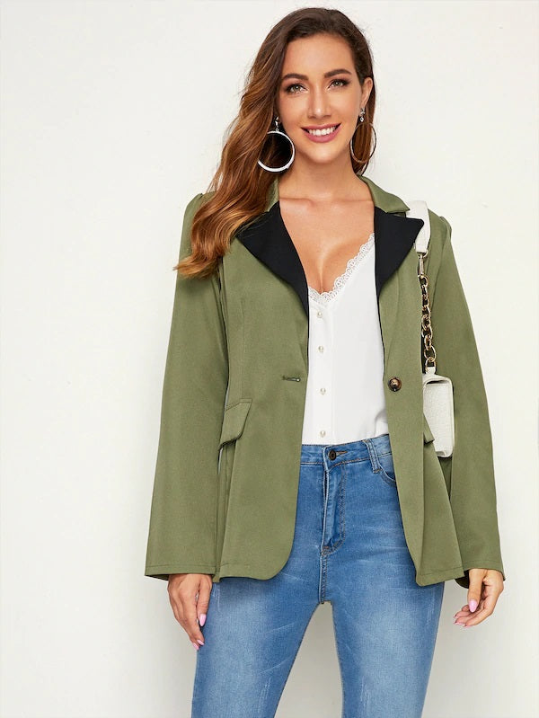 CM-CS904571 Women Elegant Seoul Style Long Sleeve Lapel Neck Single Button Blazer - Army Green