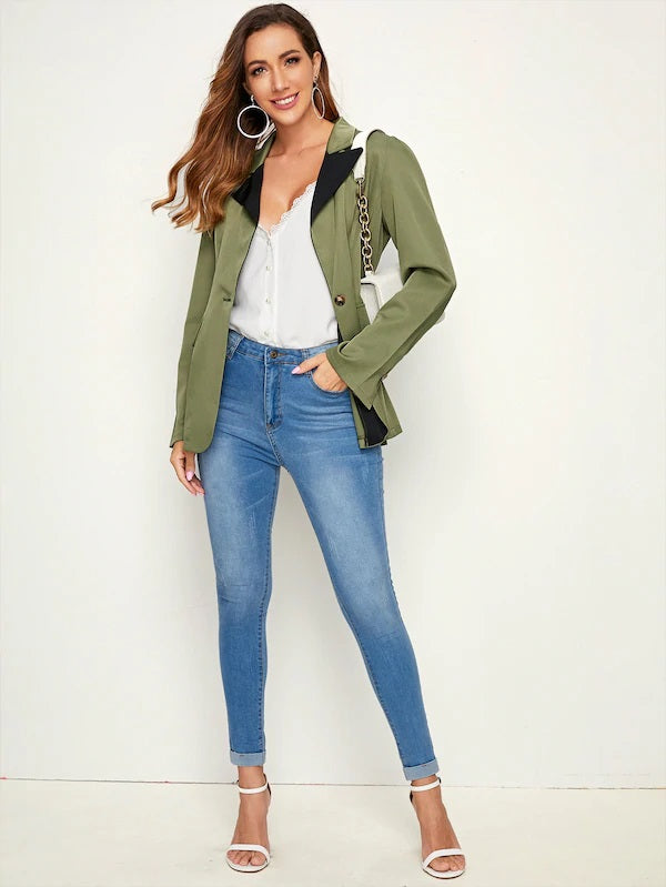 CM-CS904571 Women Elegant Seoul Style Long Sleeve Lapel Neck Single Button Blazer - Army Green