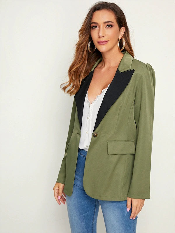 CM-CS904571 Women Elegant Seoul Style Long Sleeve Lapel Neck Single Button Blazer - Army Green