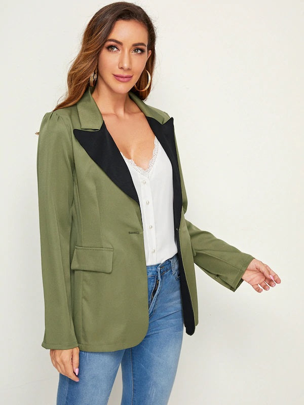 CM-CS904571 Women Elegant Seoul Style Long Sleeve Lapel Neck Single Button Blazer - Army Green