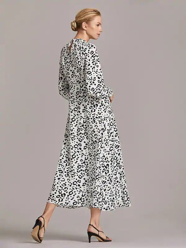 CM-DS821120 Women Casual Seoul Style Animal Print Foldover Neck Cutout Detail Split Dress - White