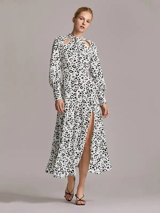 CM-DS821120 Women Casual Seoul Style Animal Print Foldover Neck Cutout Detail Split Dress - White