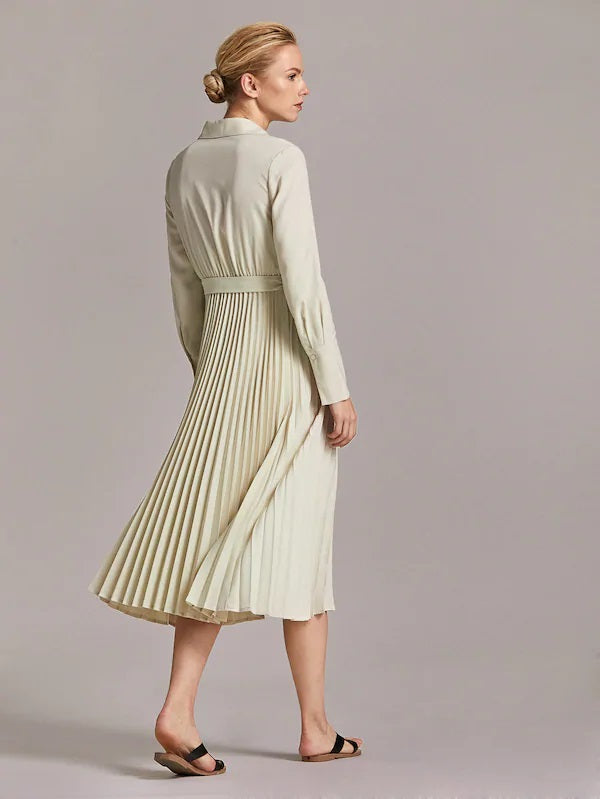 CM-DS821832 Women Elegant Seoul Style Long Sleeve Button Front Pleated Belted Shirt Dress - Beige