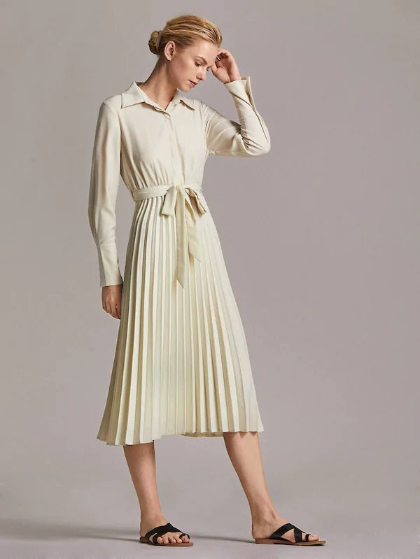 CM-DS821832 Women Elegant Seoul Style Long Sleeve Button Front Pleated Belted Shirt Dress - Beige