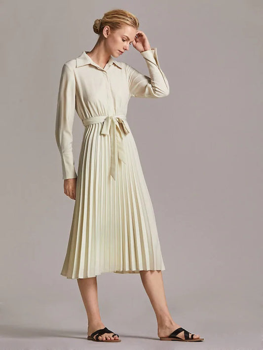 CM-DS821832 Women Elegant Seoul Style Long Sleeve Button Front Pleated Belted Shirt Dress - Beige