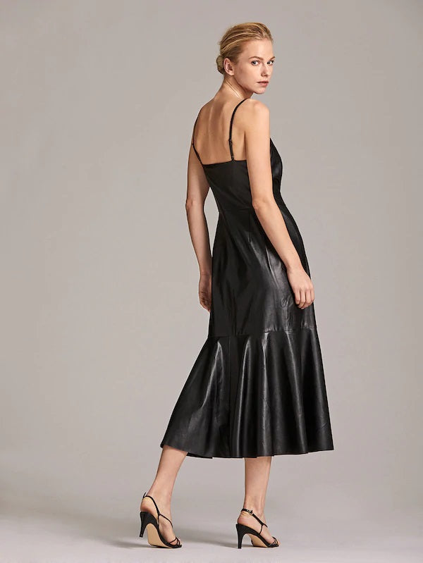 CM-DS822733 Women Elegant Seoul Style Ruched Front Ruffle Hem Slip Spaghetti Strap PU Dress - Black