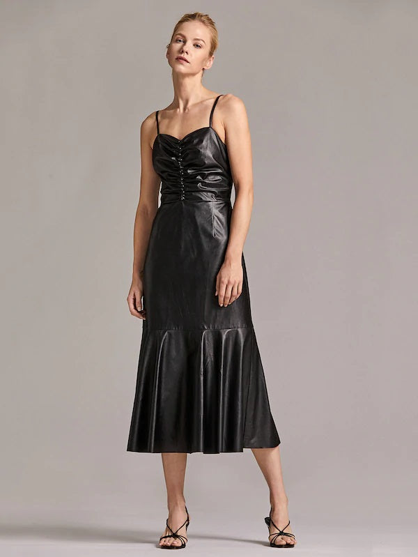 CM-DS822733 Women Elegant Seoul Style Ruched Front Ruffle Hem Slip Spaghetti Strap PU Dress - Black