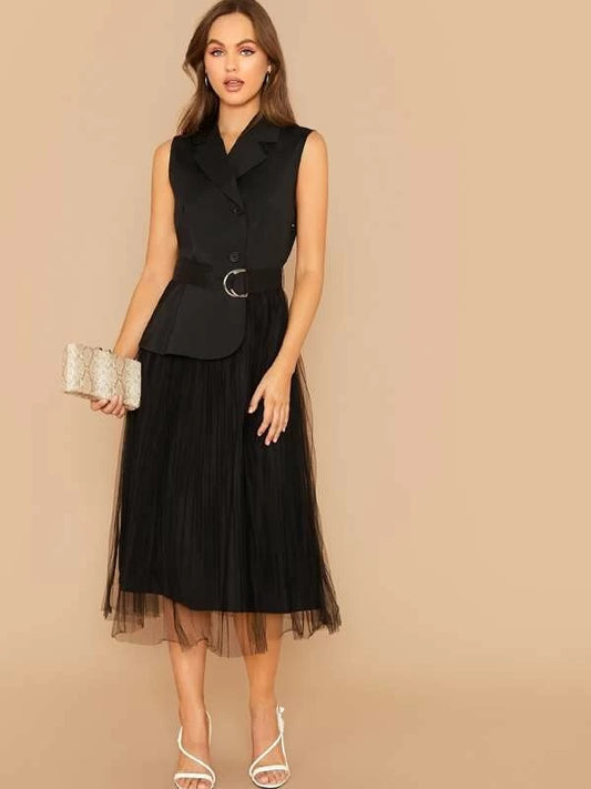 CM-DS823521 Women Elegant European Style Notched Collar Buttoned Belted Pleated Mesh Dress - Black