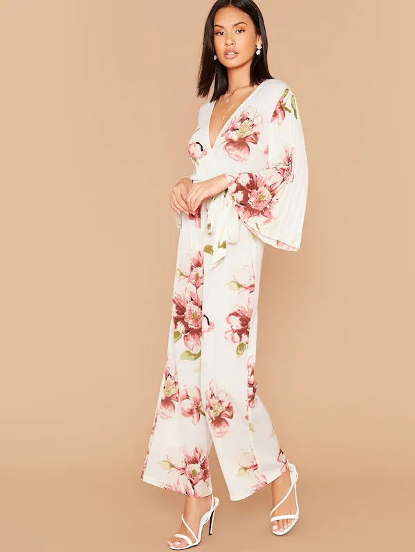 CM-JS816755 Women Casual Seoul Style Long Sleeve Floral Wrap Belted Pleated Wide Leg Jumpsuit - White