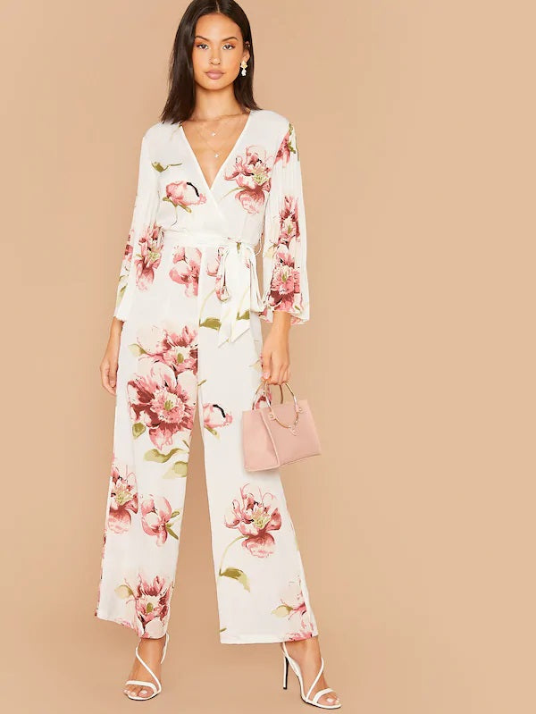 CM-JS816755 Women Casual Seoul Style Long Sleeve Floral Wrap Belted Pleated Wide Leg Jumpsuit - White