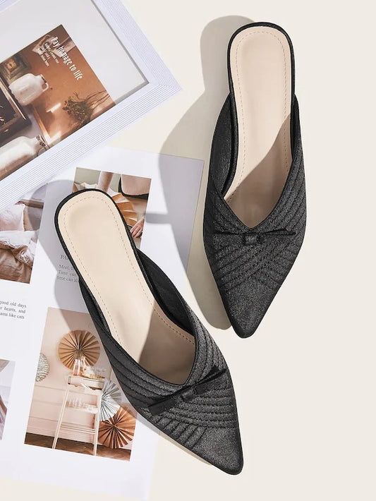 CM-SHS904928 Women Elegant Seoul Style Point Toe Bow Decor Flat Mules - Black