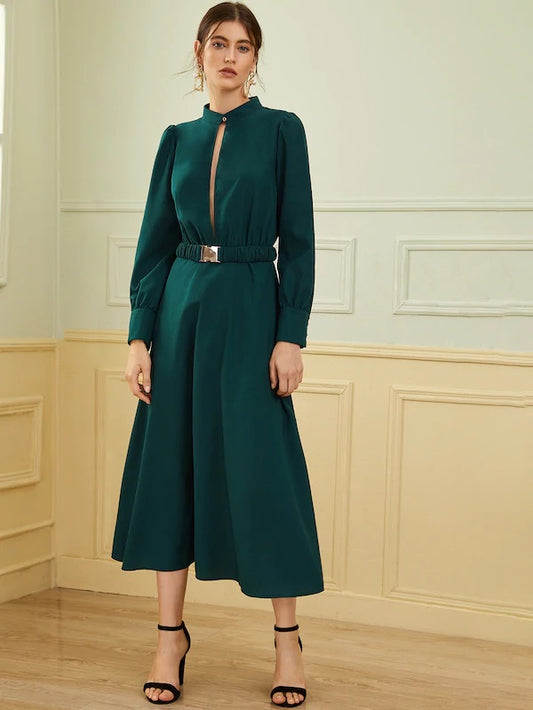 CM-DS821451 Women Elegant Seoul Style Long Sleeve Cutout Front Buckle Detail Waist Dress - Green