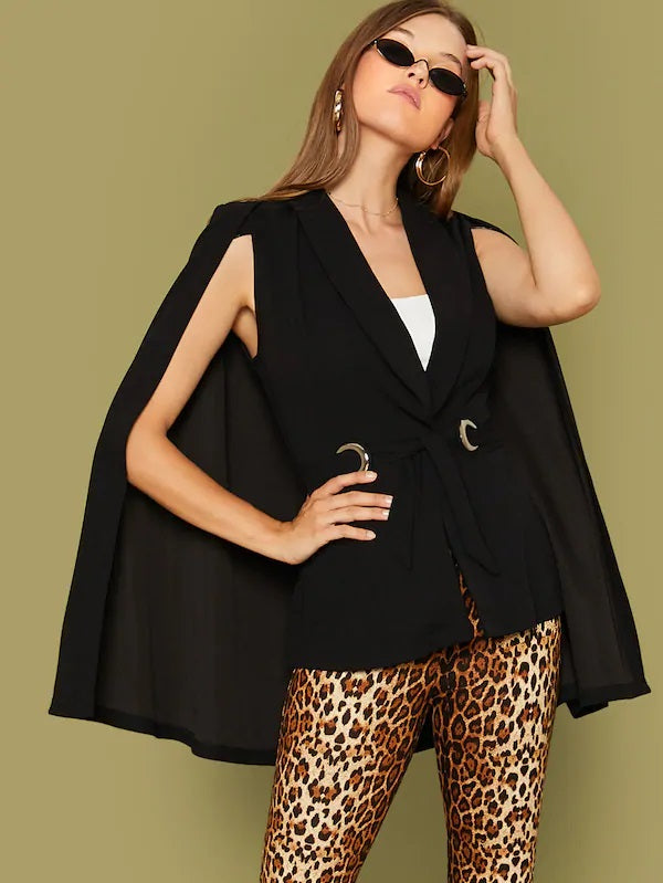 CM-CS809828 Women Elegant Seoul Style Shawl Collar O-Ring Belted Cape Blazer - Black