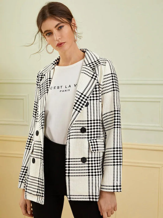 CM-CS909387 Women Elegant Seoul Style Long Sleeve Double Breasted Plaid Lapel Collar Blazer - White