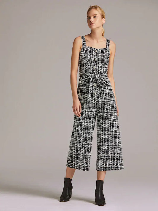 CM-JS815003 Women Elegant Seoul Style Sleeveless Button Front Belted Tweed Jumpsuit - Black